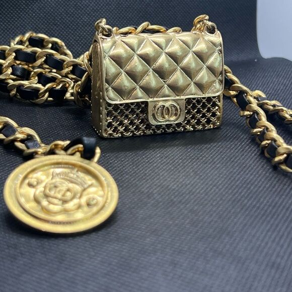 Anthro Black Gold Chain Belt With Designer Mini Charm Bag - Picture 11 of 13
